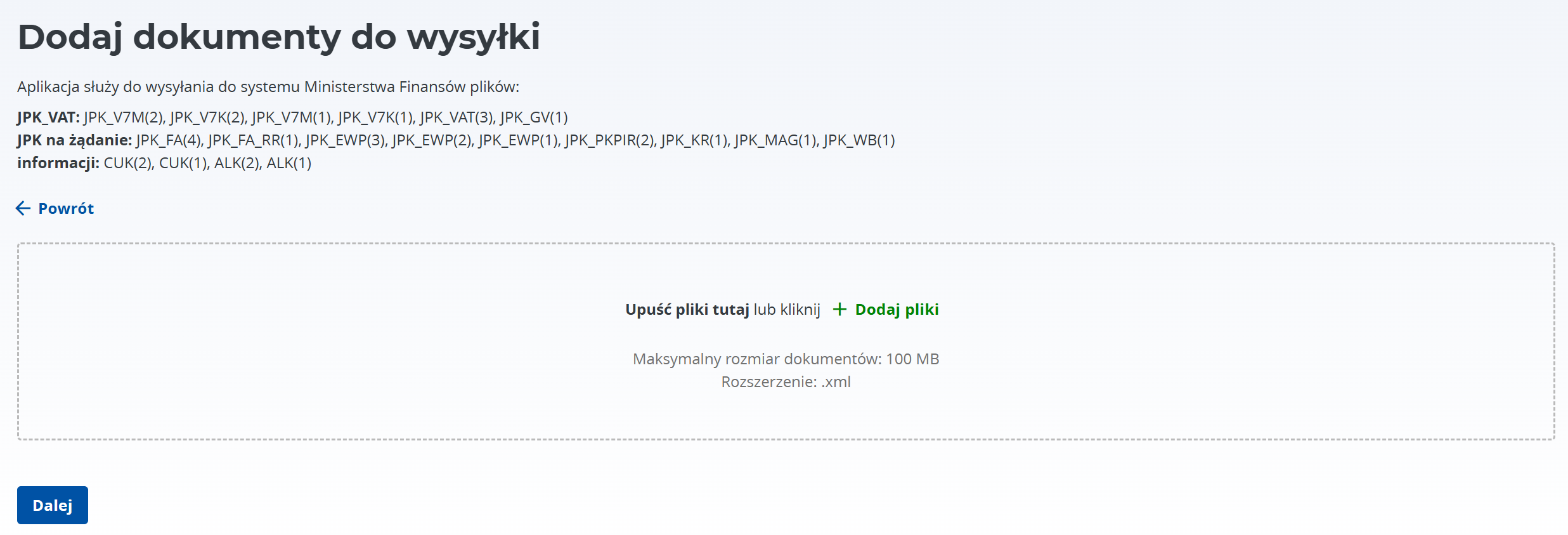 Ekran dodawania dokumentów do wysyłki na stronę Ministerstwa Finansów z możliwością przeciągania lub dodania plików XML.