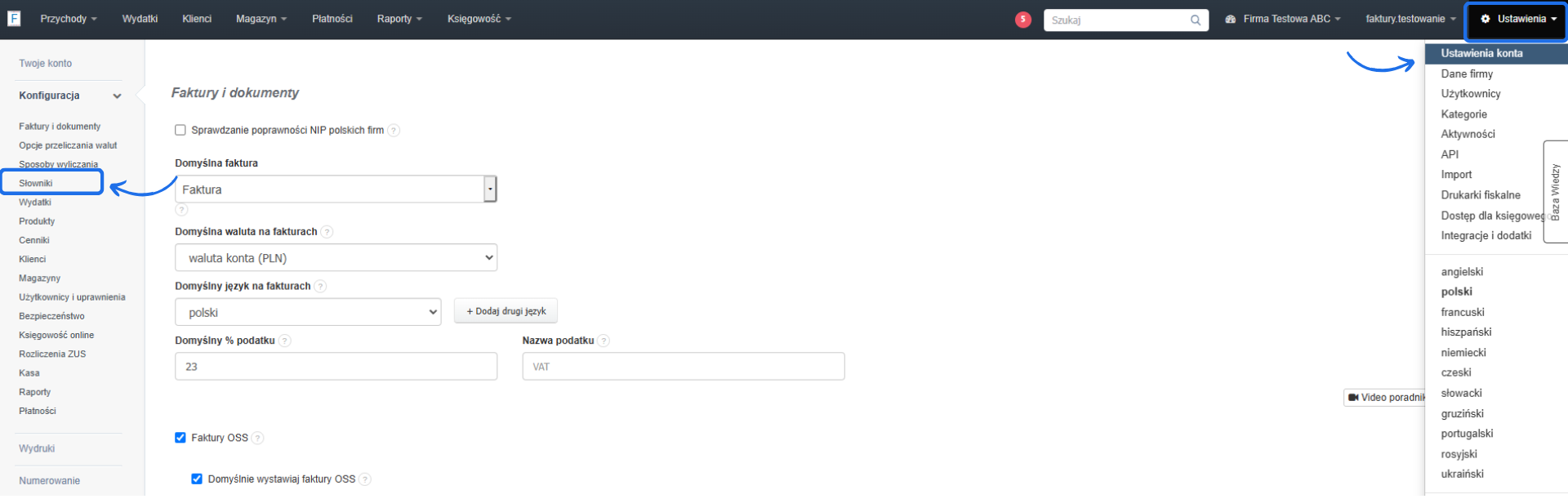 Interfejs ustawień Fakturowni i dokumentów w menu konfiguracji konta, z podświetloną sekcją 'Słowniki', gdzie możesz dodać własne wartości jak jednostki miary, stawki podatku.