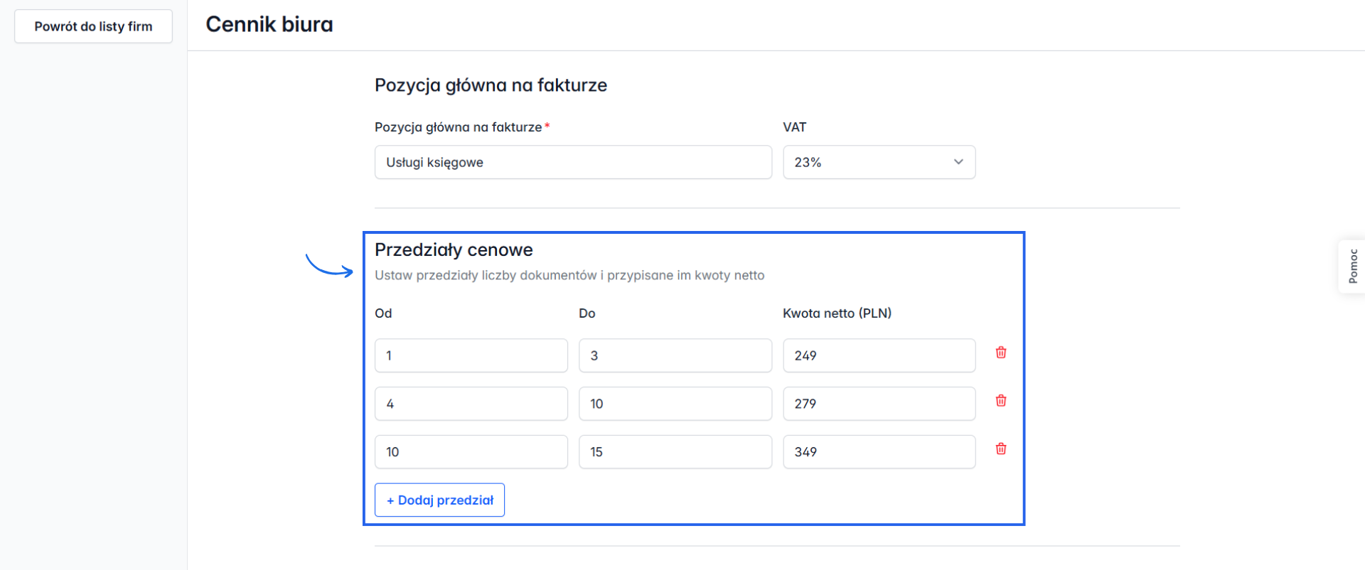 Formularz tworzenia cennika dla biura z możliwością tworzenia przedziałów cenowych zależnych od liczny dokumentów.