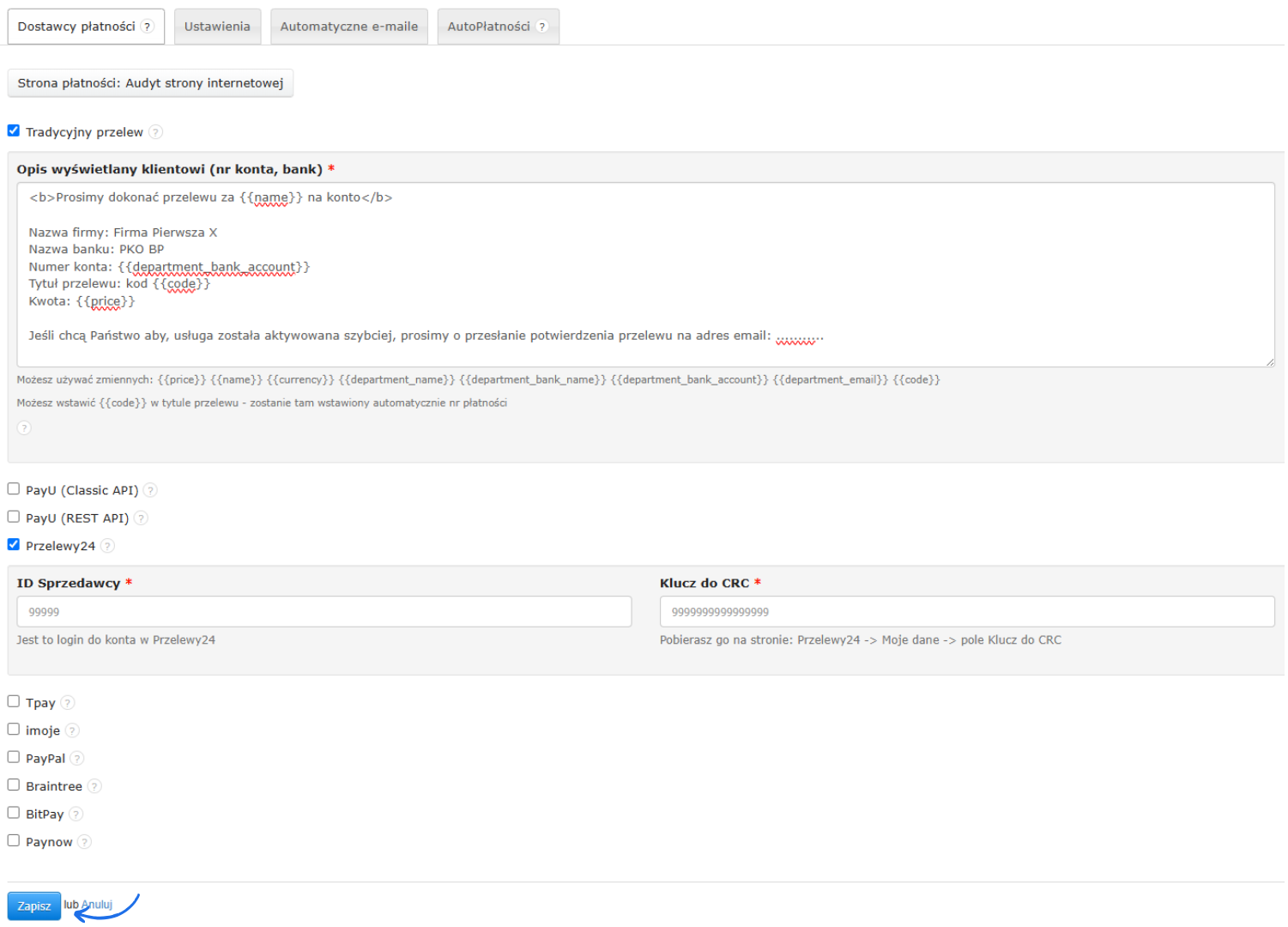 Ustawienia płatności online z aktywną opcją Przelewy24 i formularzem konfiguracji identyfikatora sprzedawcy i klucza CRC.