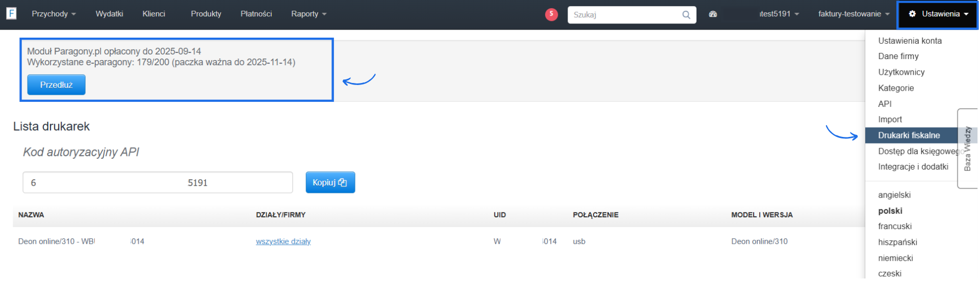 Strona z podłączonymi do Fakturowni drukarkami fiskalnymi wraz z informacją o aktywnym module Paragony.pl i ilości e-paragonów do wykorzystania.
