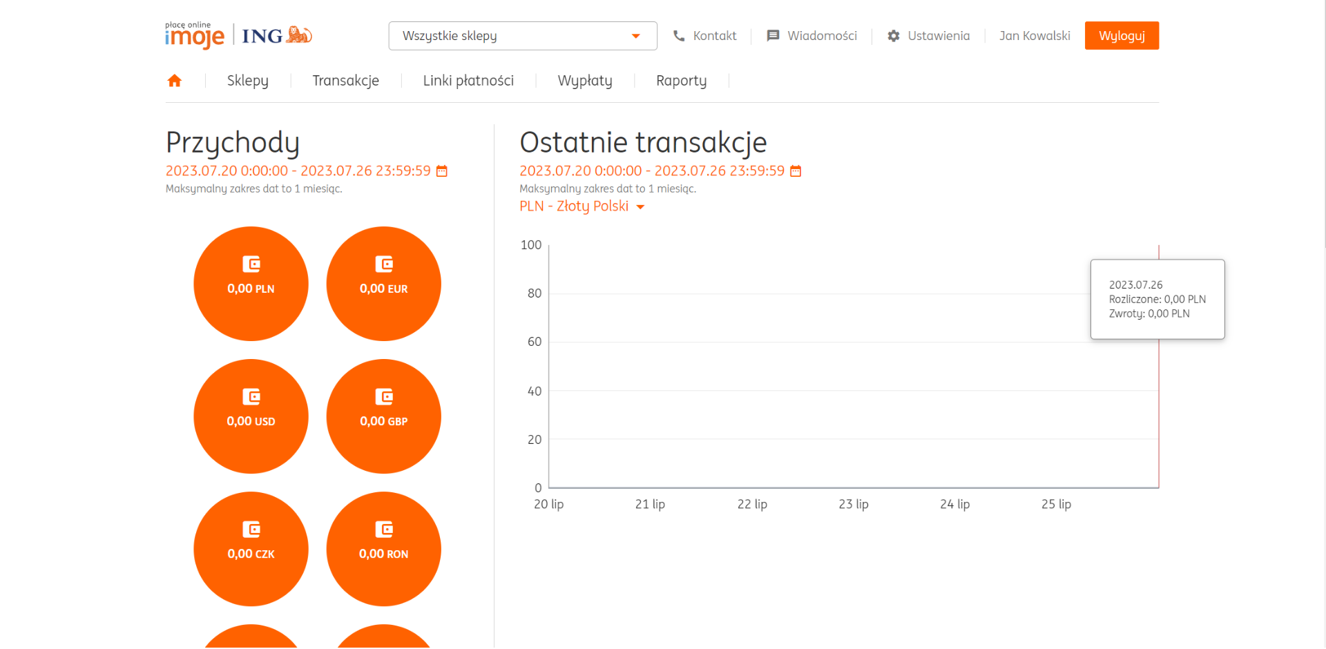 Panel główny imoje z podsumowaniem przychodów w różnych walutach i wykresem ostatnich transakcji z datami i kwotami.