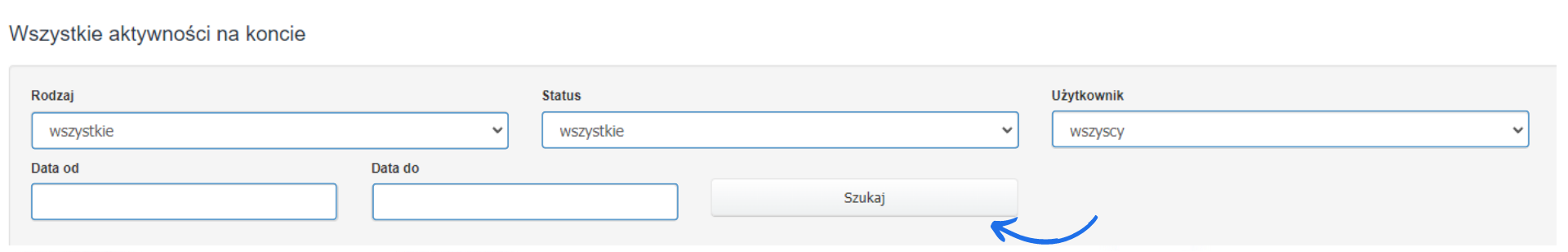 Formularz konfiguracji wyszukiwania aktywności na koncie w systemie Fakturownia.