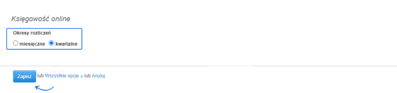 Ustawienia księgowości online w systemie Fakturownia – wybór okresu rozliczeń (miesięczne lub kwartalne) i przycisk 'Zapisz'.