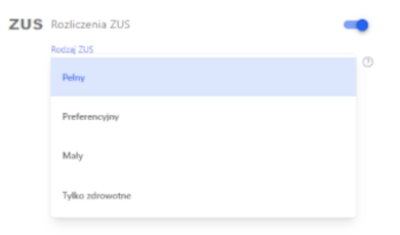 Menu wyboru rodzaju ZUS w Fakturowni, z opcjami: Pełny, Preferencyjny, Mały, Tylko zdrowotne.