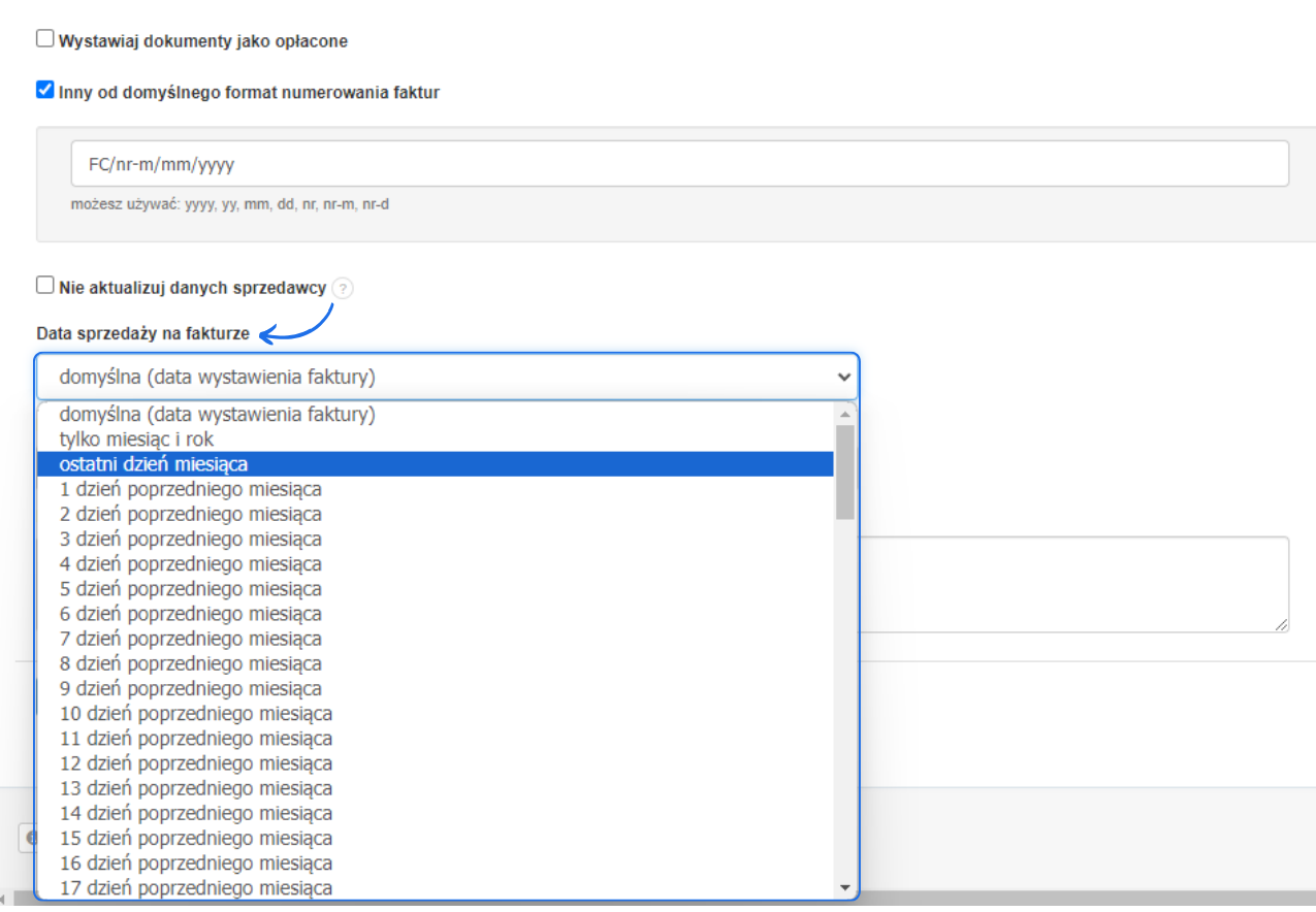Formularz tworzenia faktury cyklicznej z możliwością wyboru daty sprzedaży, która będzie obowiązywać na fakturze wystawionej w cyklu.