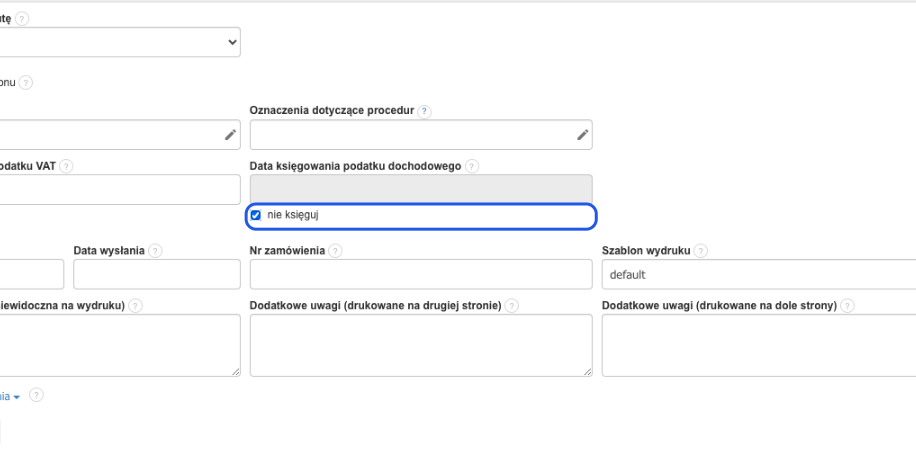 Formularz z opcjami dodatkowymi w systemie z zaznaczoną opcją nie księguj oraz opcjami przeliczania walut, datą księgowania VAT i podatku dochodowego, terminem płatności oraz przyciskiem zapisu ustawień.