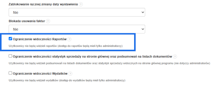 Zaznaczona opcja ograniczenia widoczności raportów – tylko administratorzy mają dostęp do raportów w systemie faktur.