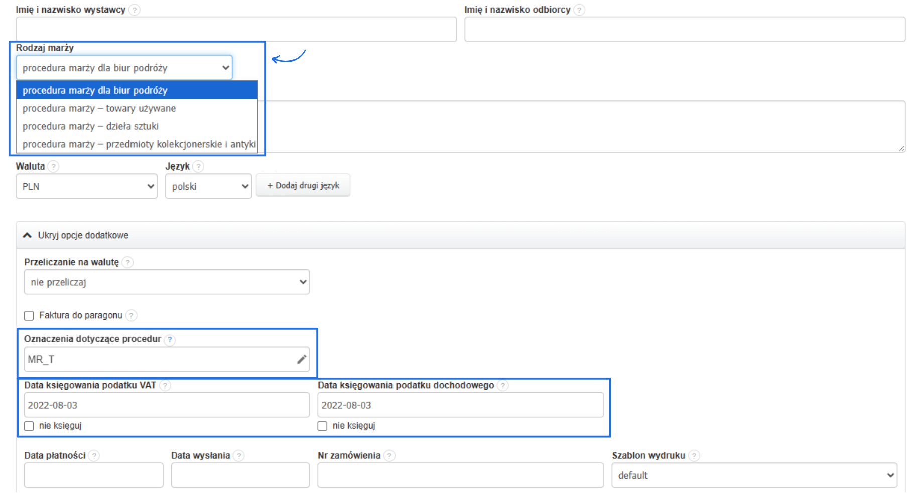 Formularz faktury VAT marża wystawionej w procedurze biura podróży z wybranym rodzajem podróży, oznaczeniem procedur i datami księgowania do podatku VAT i dochodowego.