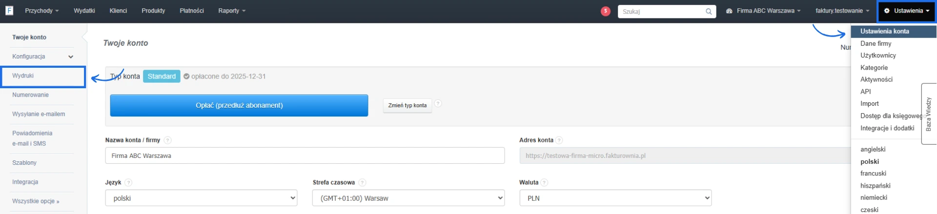 Widok ustawień konta w Fakturowni z zaznaczoną sekcją „Wydruki”, umożliwiającą edycję szablonów i stylów CSS faktur.