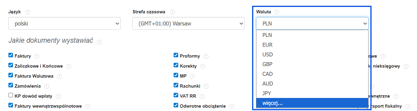 Wybór waluty głównej konta w systemie Fakturownia z najpopularniejszymi walutami świata.