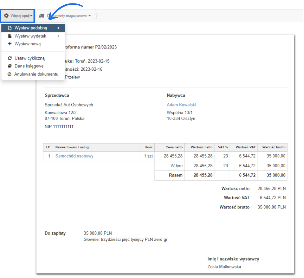 Podgląd faktury pro forma na samochód osobowy o wartości 35 000 PLN z opcją wystawienia podobnej faktury w menu 'Więcej opcji'.