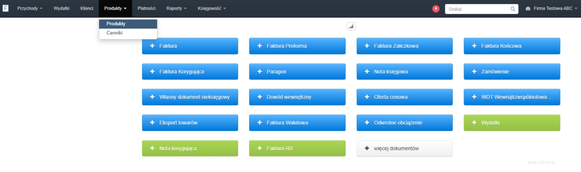 Panel zarządzania w Fakturowni, wybrana zakładka Produkty z menu rozwijanego, umożliwiająca dodawanie i zarządzanie produktami.