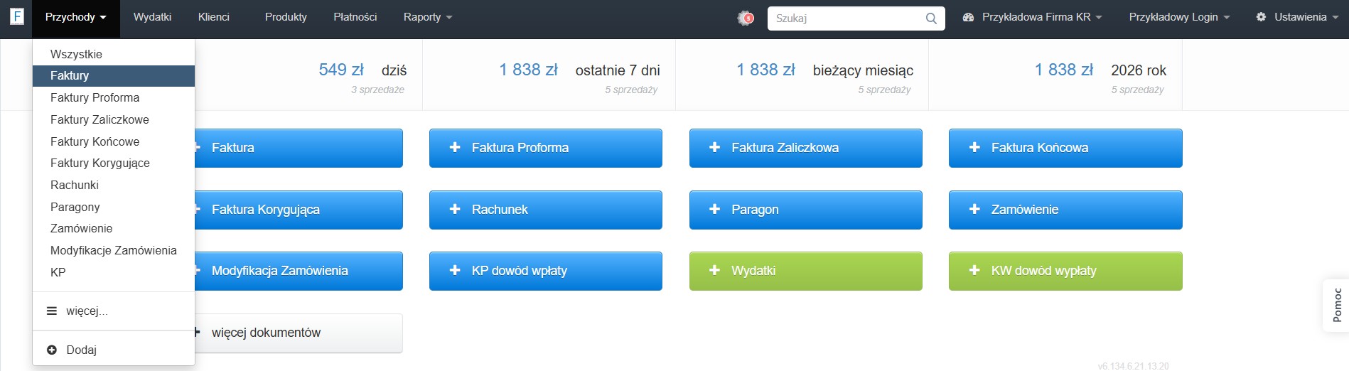 Panel główny ze statystykami sprzedaży i przyciskami do formularzy faktur z aktywną zakładką przychody.