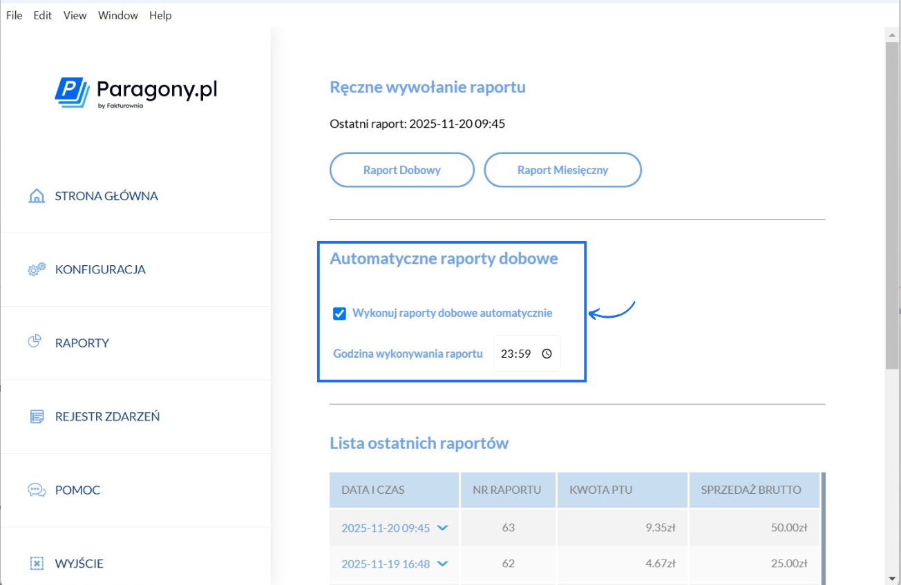Aplikacja Paragony.pl do fiskalizacji sprzedaży paragonowej z aktywną opcją automatycznego generowania raportu dobowego o 23:59.