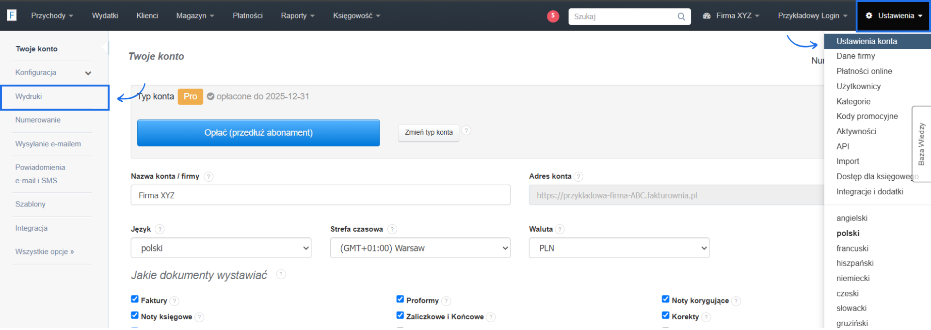 Ustawienia konta systemu do fakturowania online z aktywnymi ustawieniami podstawowymi jak nazwa firmy, waluta konta oraz aktywną sekcją dotyczącą wyglądu wydruków.