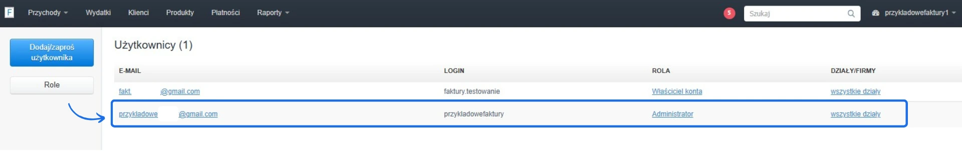 Widok listy użytkowników w Fakturowni z dodanym nowym administratorem, widoczny e-mail, login, rola „Administrator” i przypisanie do wszystkich działów.