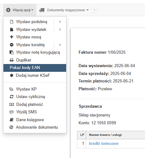 Widok menu „Więcej opcji” z aktywną funkcją „Pokaż kody EAN” przy fakturze dla produktu kredki świecowe.