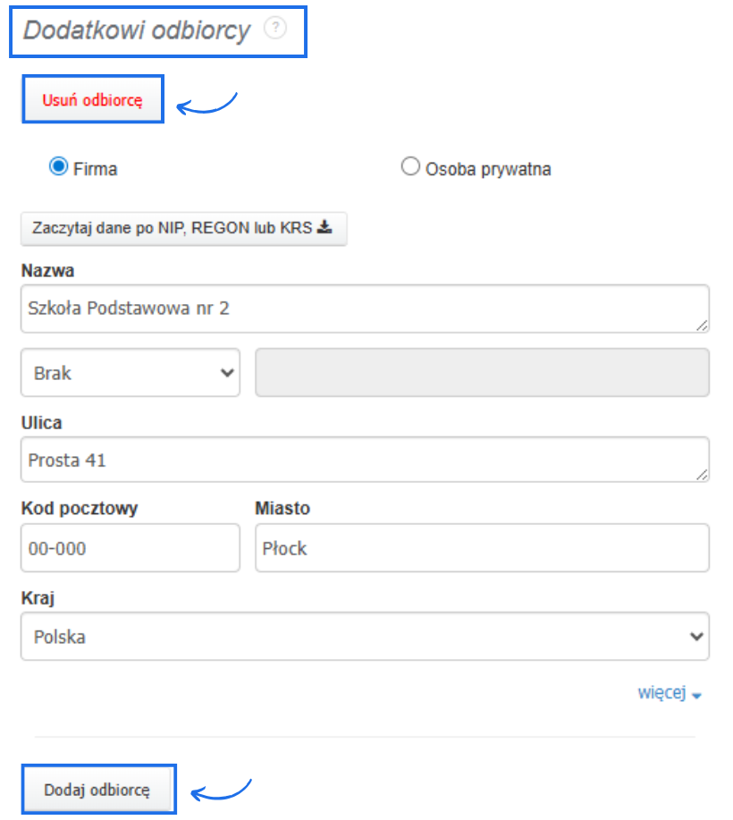 Formularz dodawania dodatkowego odbiorcy: dane szkoły, przycisk usuń odbiorcę, przycisk dodaj odbiorcę.