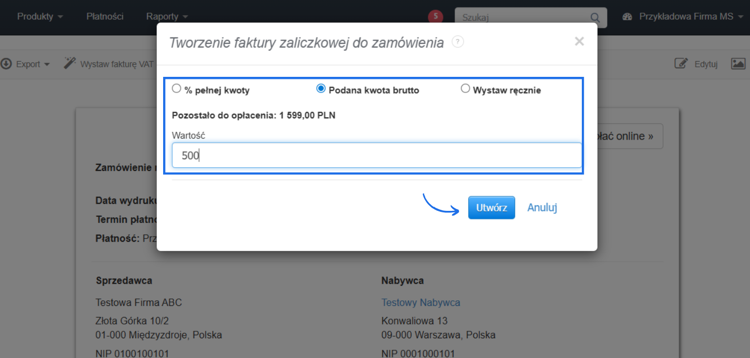 Tworzenie faktury zaliczkowej do zamówienia w systemie fakturowania, z wyborem wartości zaliczki i nazwą pozycji, na tle szczegółów zamówienia.