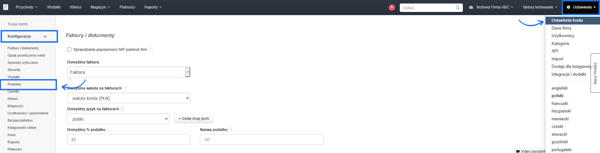 Szczegółowa konfiguracja ustawień konta w Fakturowni, w tym ustawień dotyczących bazy produktów.