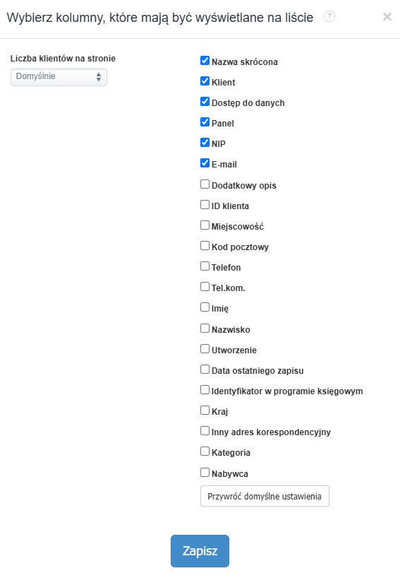 Panel ustawień kolumn listy klientów z zaznaczonymi opcjami jak e-mail, NIP, klient, panel i dostęp do danych.