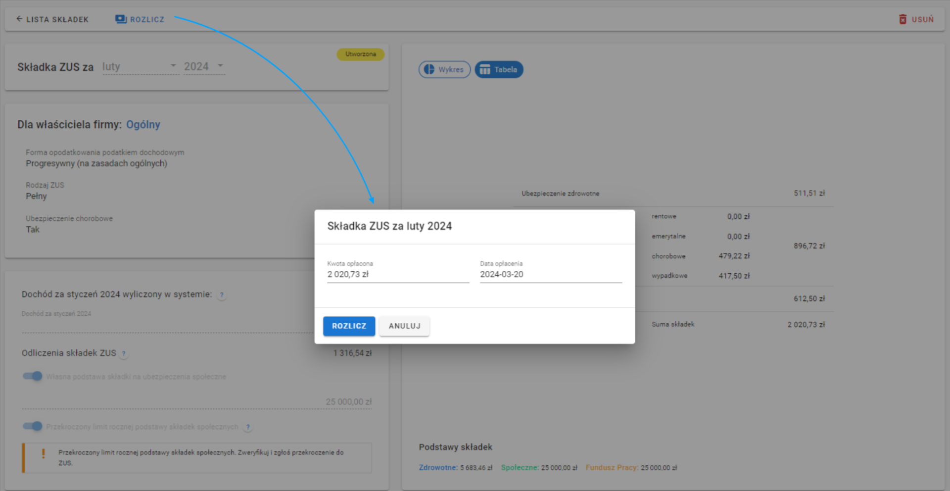 Przykładowy formularz rozliczenia składki ZUS za luty 2024 z kwotą 2 020,73 zł i datą opłacenia 2024-03-20.