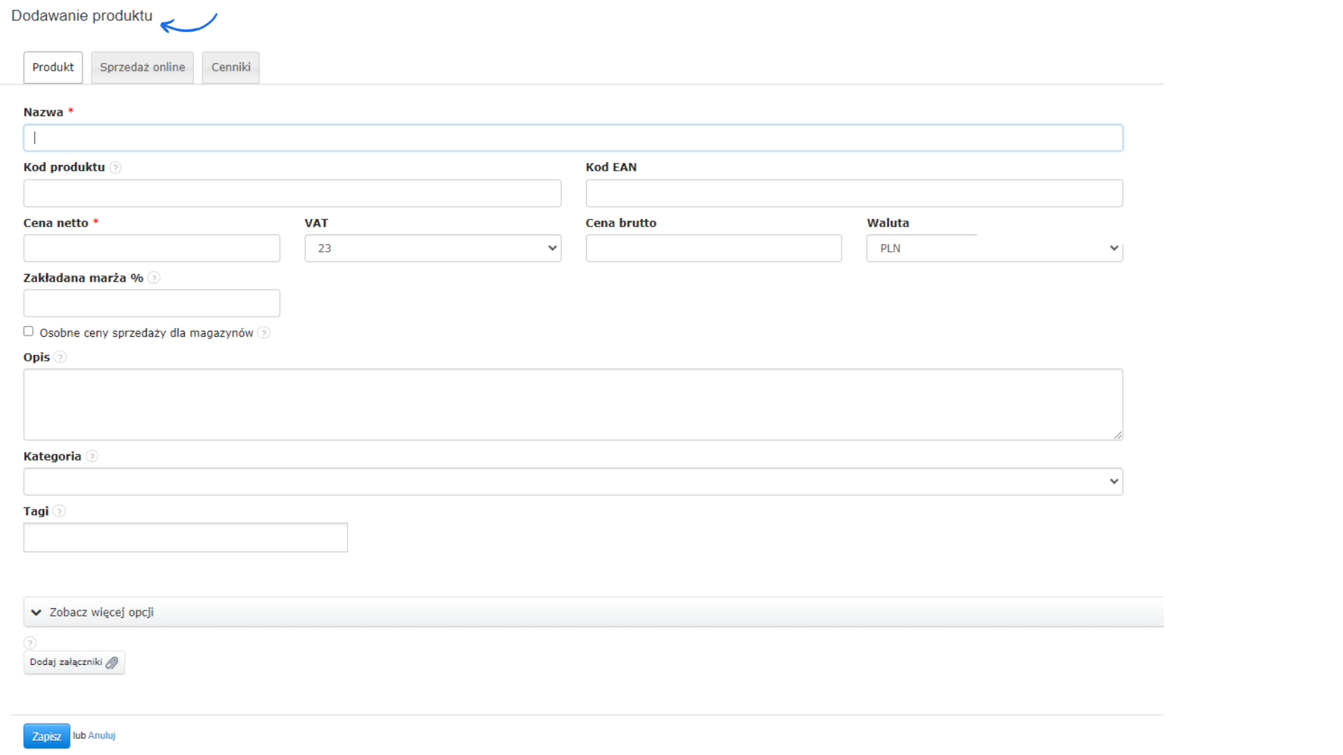 Formularz dodawania nowego produktu w Fakturowni, zawierający pola takie jak nazwa, kod produktu, cena netto, VAT, cena brutto, waluta, opis i kategoria.