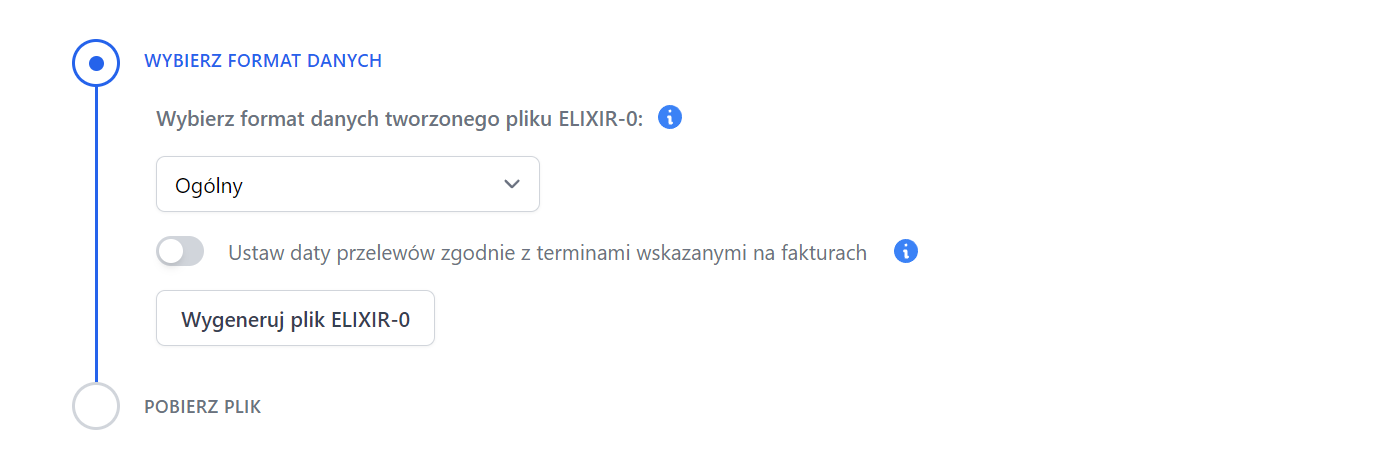 Panel wyboru formatu danych dla pliku ELIXIR-0 w Fakturowni z opcją ustawienia daty przelewów oraz przyciskiem do wygenerowania pliku.