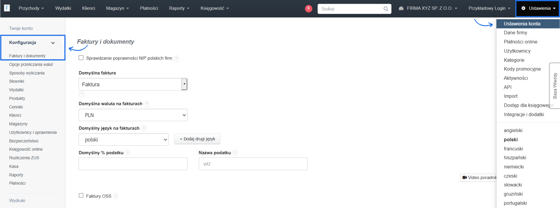 Ustawienia konta w tym konfiguracja faktur i dokumentów w systemie Fakturownia z możliwością wyboru domyślnego typu dokumentu czy waluty.