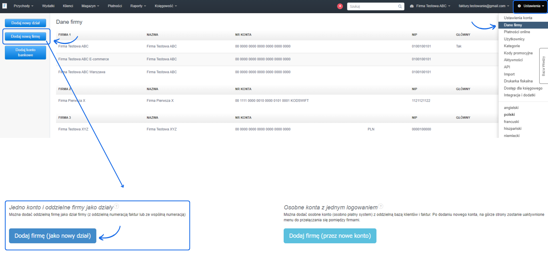 Ekran dodawania nowej firmy w systemie Fakturownia.pl z opcjami dodania nowego działu, konta bankowego oraz możliwością wyboru, czy firma ma być oddzielnym działem lub osobnym kontem.