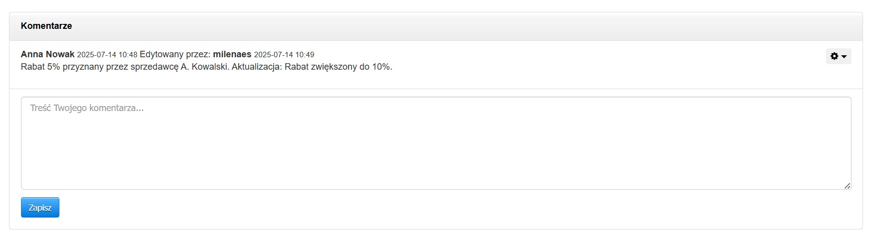 Sekcja komentarzy w karcie klienta, z widocznymi szczegółami utworzenia oraz edycji komentarza.