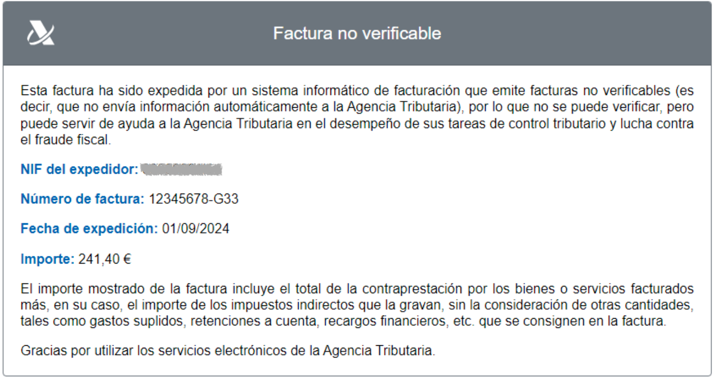 Respuesta AEAT: factura no verificable, emitida por sistema NO VERI*FACTU