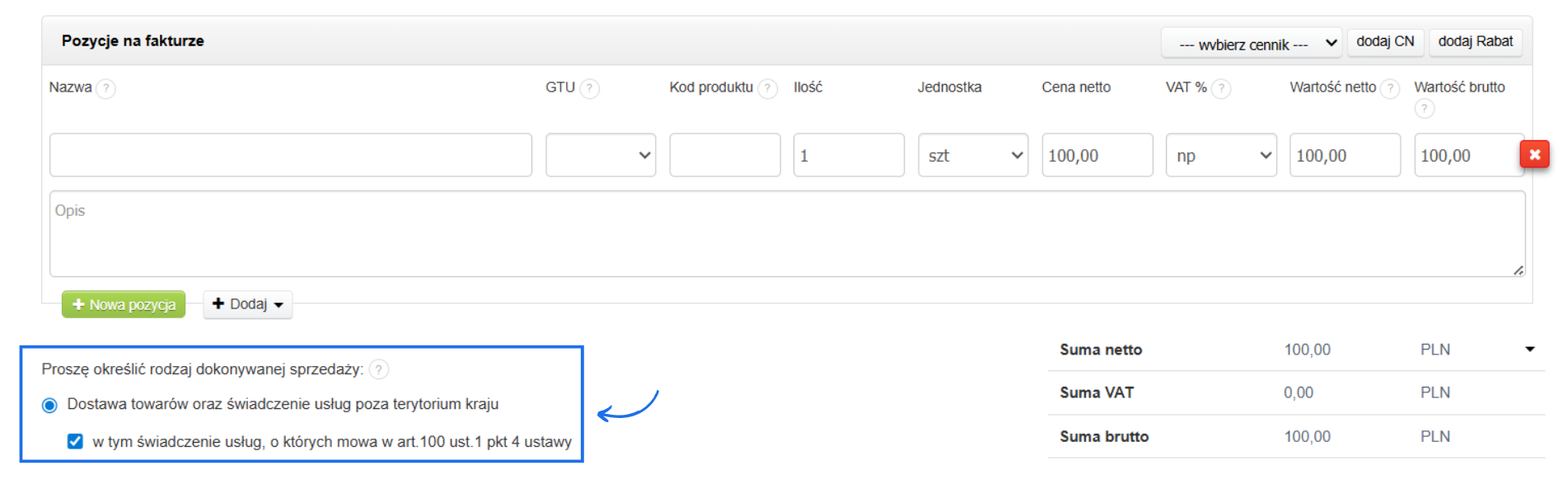 Stawka np podatku na pozycjach wraz z określeniem rodzaju dokonywanej sprzedaży.