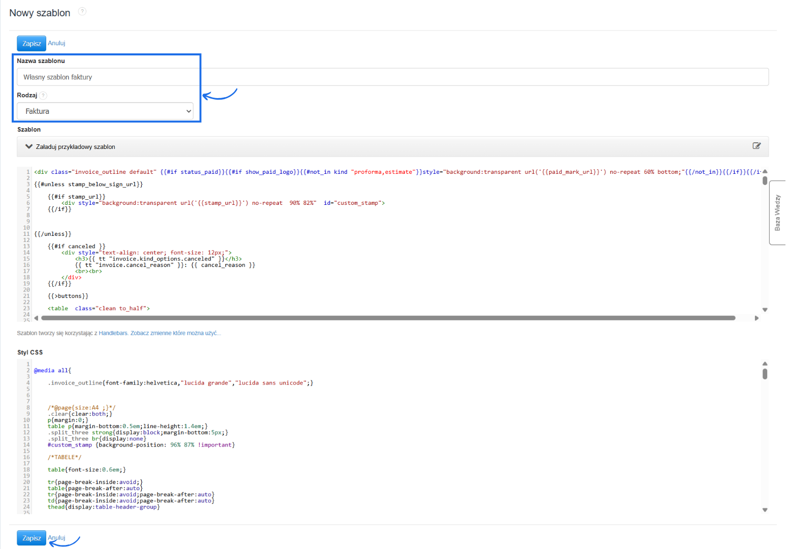 Formularz tworzenia własnego szablonu faktury z pole do nadania nazwy oraz modyfikacji kodu HMTL i stylów CSS.
