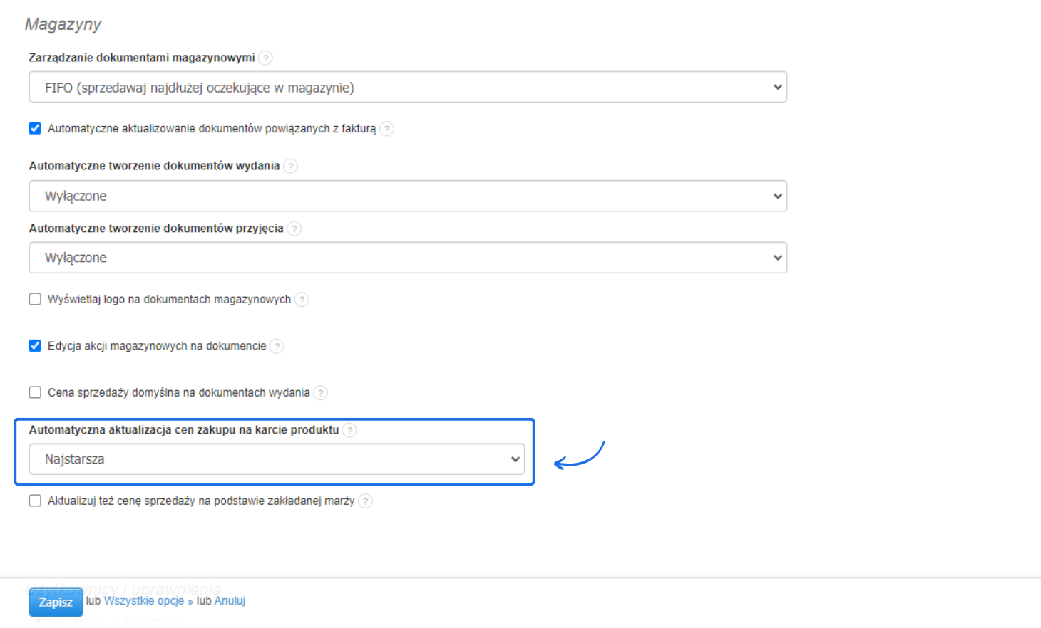 Ekran ustawień magazynowych w systemie Fakturowni z opcją automatycznej aktualizacji cen zakupu na karcie produktu ustawioną na najstarszą.