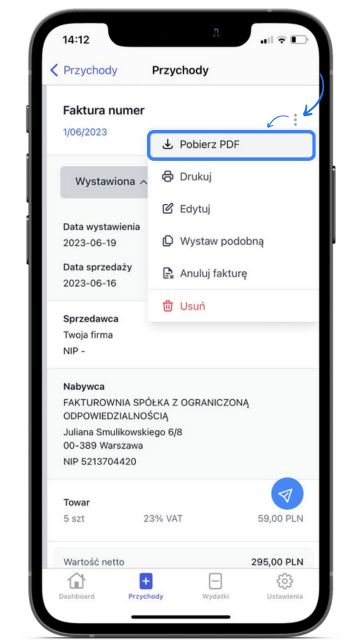 Ekran aplikacji Fakturownia na iPhone, pokazujący szczegóły faktury z menu opcji – pobieranie PDF, drukowanie, edycja i usuwanie dokumentu.