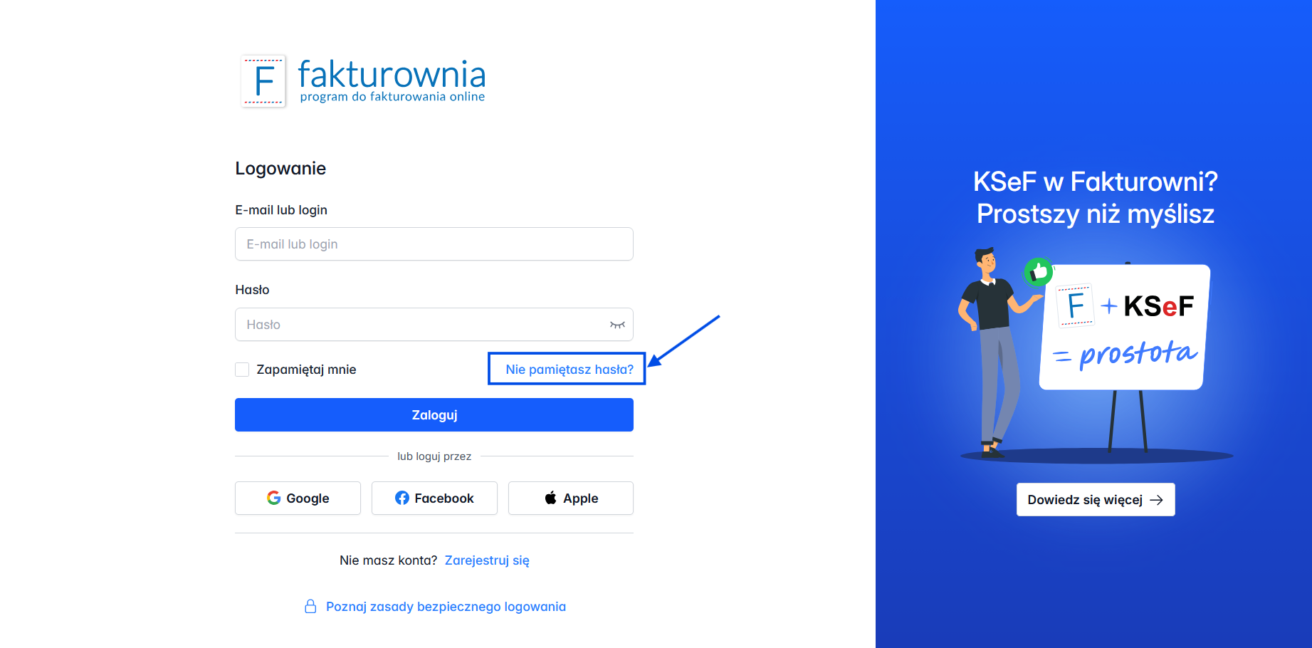 Formularz logowania do systemu Fakturownia z opcją nie pamiętasz hasła.