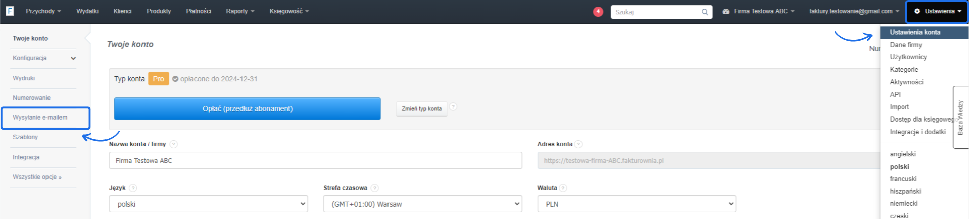 Ekran ustawień konta w systemie Fakturownia, pokazujący opcje wysyłania e-mailem, typ konta Pro, oraz konfigurację nazwy firmy, adresu konta, języka, strefy czasowej i waluty.