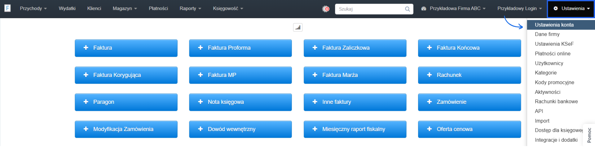 Strona główna system Fakturownia z aktywną zakładką ustawień konta. 