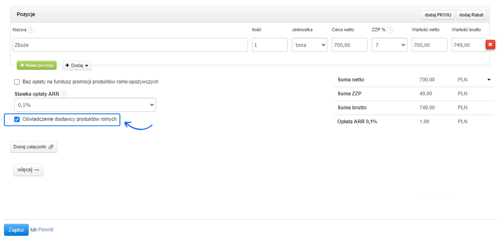 Formularz tworzenia faktury VAT RR z aktywną opcją wyświetlania oświadczenia dostawcy produktów rolnych.