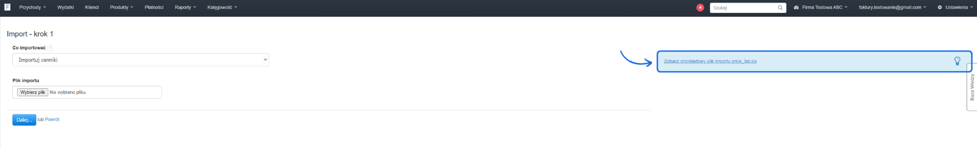 Interfejs importu cenników w systemie fakturowania, umożliwiający wgranie pliku importu oraz pobranie przykładowego pliku price_list.xls.