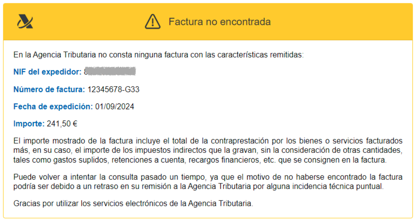 Respuesta AEAT: factura no encontrada en el sistema VERIFACTU