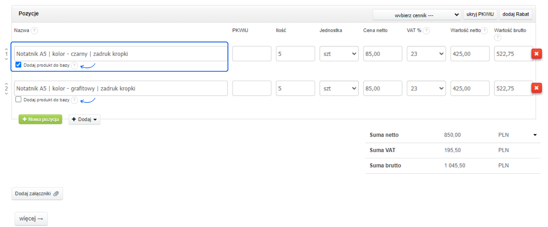 Formularz dodawania pozycji do faktury w Fakturownia.pl z opcją wyboru dodania produktu do bazy i szczegółami dotyczącymi notatników A5.