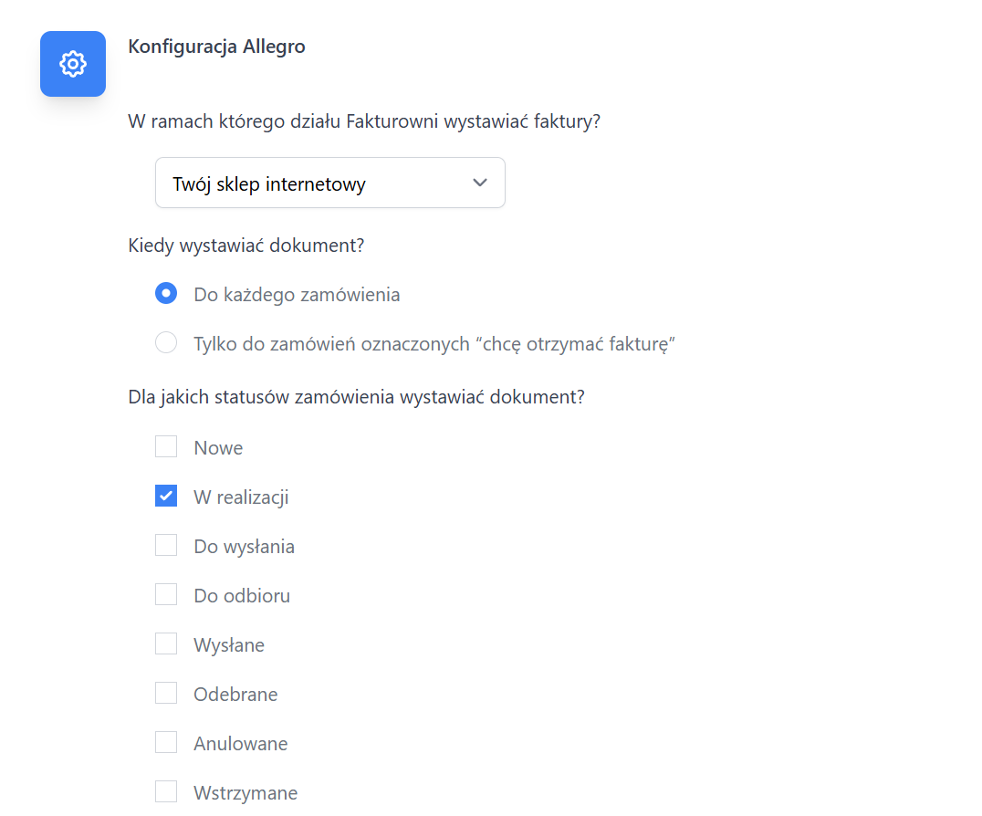 Ustawienia wtyczki integrującej Allegro z możliwością wyboru kiedy wystawiać dokumenty oraz dla jakiego statusu zamówienia.