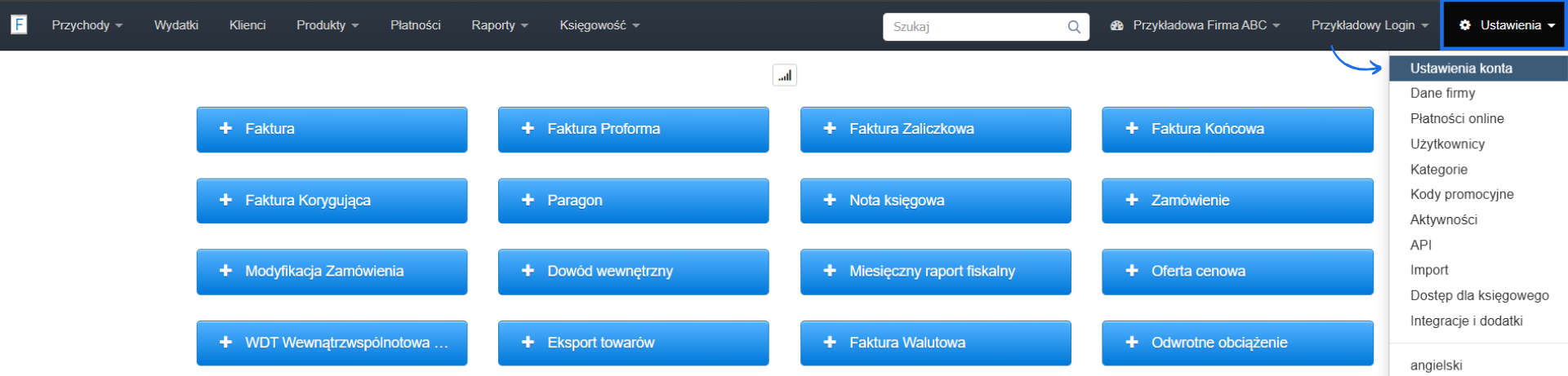 Ustawienia konta w systemie Fakturownia z przyciskami do wywołania formularza tworzenia wybranego typu dokumentu np. faktura VAT.