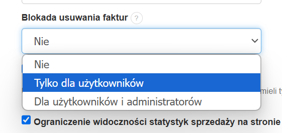 Rozwijane menu ustawień z opcją blokady usuwania faktur, wybraną wartością „Tylko dla użytkowników” w systemie fakturowym.
