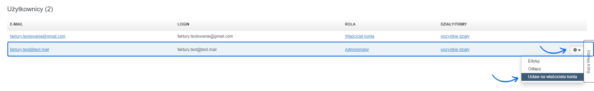 Ekran zarządzania użytkownikami z listą użytkowników, ich rolami oraz opcją ustawienia nowego właściciela konta dla wybranego użytkownika.