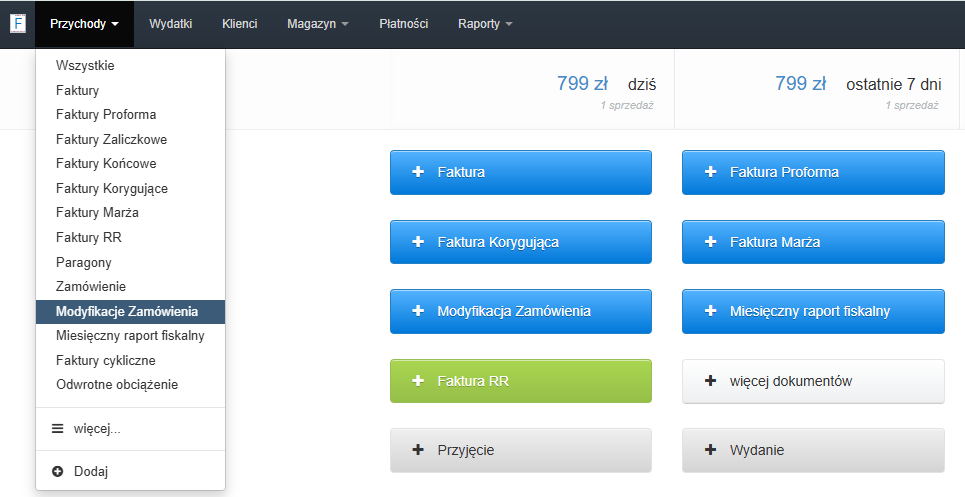Strona główna systemu do fakturowania online z aktywną zakładką przychody i wybranym typem dokumentu modyfikacja zamówienia.