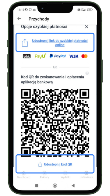 Link do udostępniania płatności i kod QR